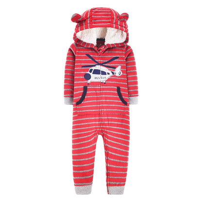 Cute infant romper with hood, rainbow cloud dots, ideal for cozy baby clothing collection