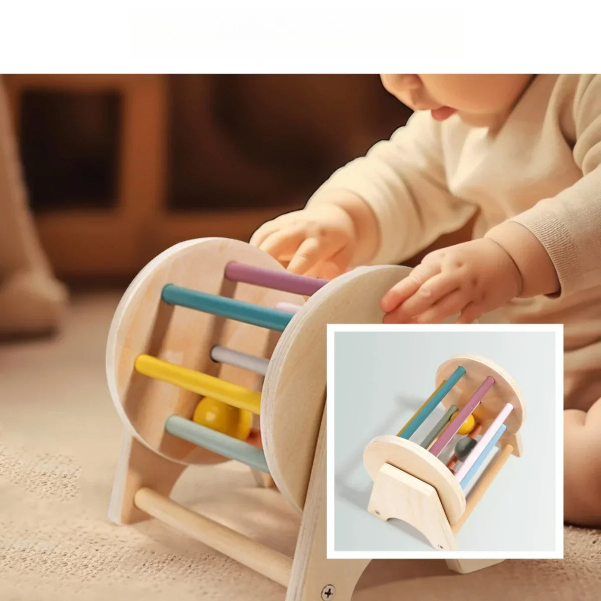Set of Infant Bell Soft Sounds musical toys, Montessori wooden rattles for early learning babies