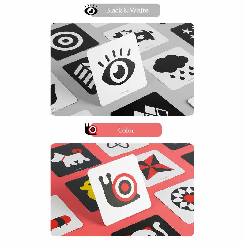 Stack of early education stimulus cards for infants, perfect for promoting visual acuity and cognitive skills