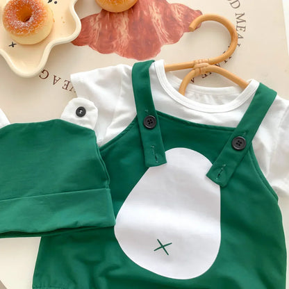 Unisex baby cotton bodysuit with cute frog design, short sleeves, and matching cap, ideal for summer baby.