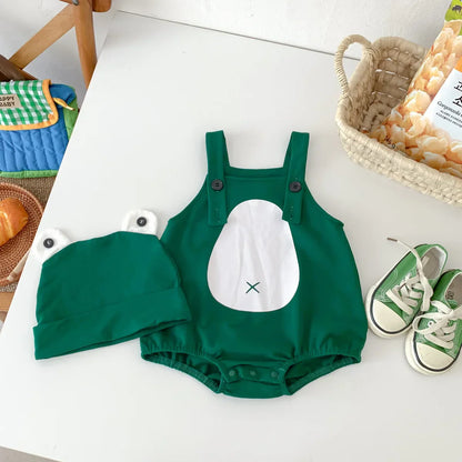 Baby wearing adorable frog design cotton romper and matching cap, comfortable toddler fashion for play.