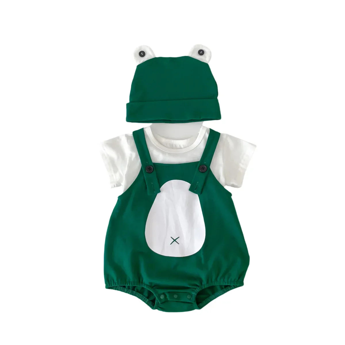 Back view of unisex infant frog design cotton romper, showcasing soft fabric and practical baby outfit.