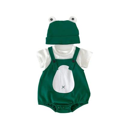 Back view of unisex infant frog design cotton romper, showcasing soft fabric and practical baby outfit.