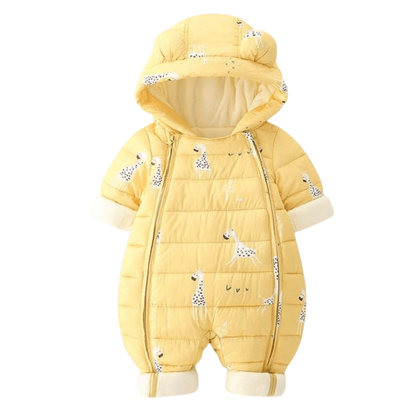 Infant giraffe hooded parka jumpsuit, soft cotton blend, unisex newborn outfit.