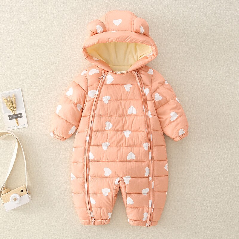 Unisex infant hooded parka jumpsuit, giraffe print, comfortable baby fashion.