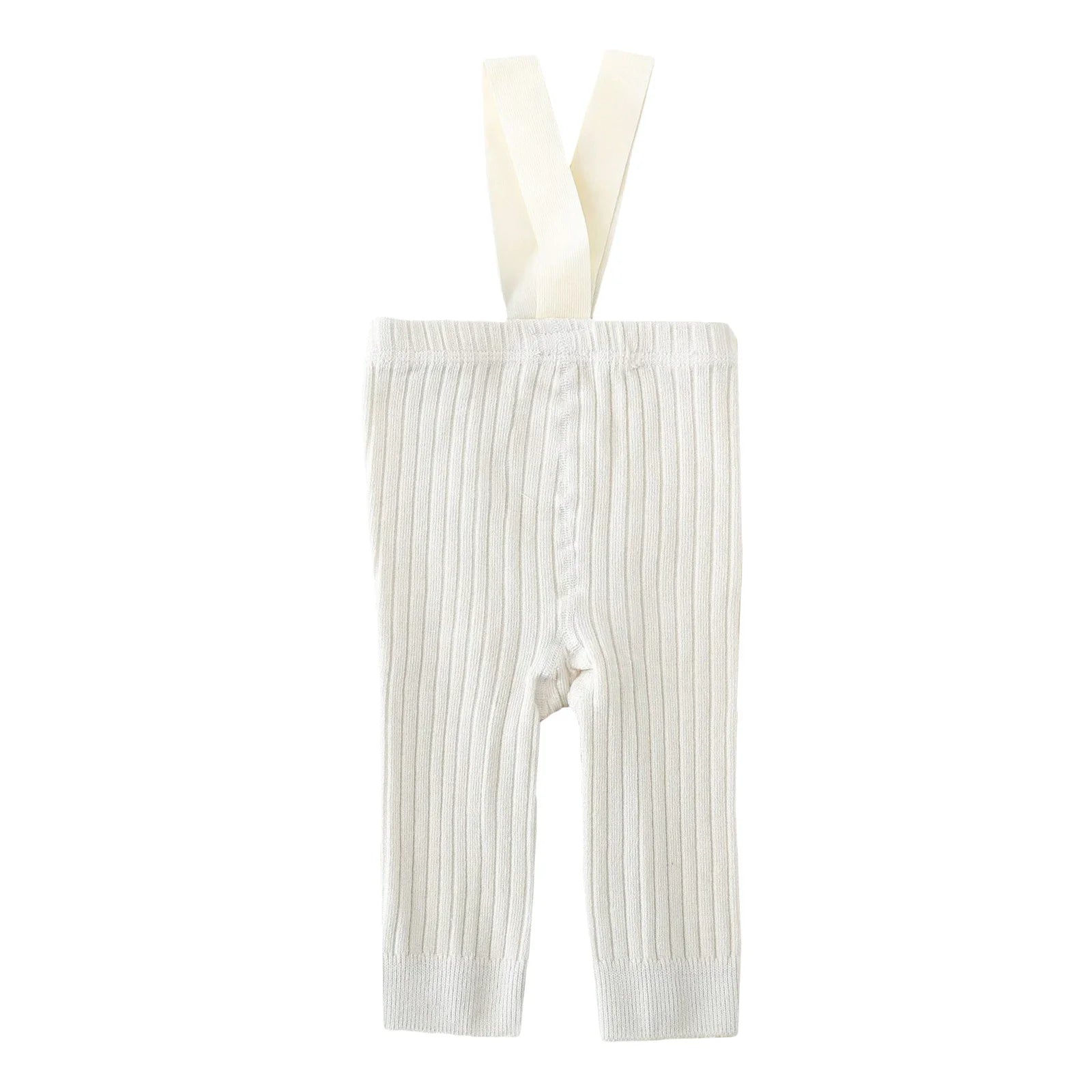 Back view of infant girl ribbed knit overalls, showing crisscross suspenders for a cute toddler fashion look.