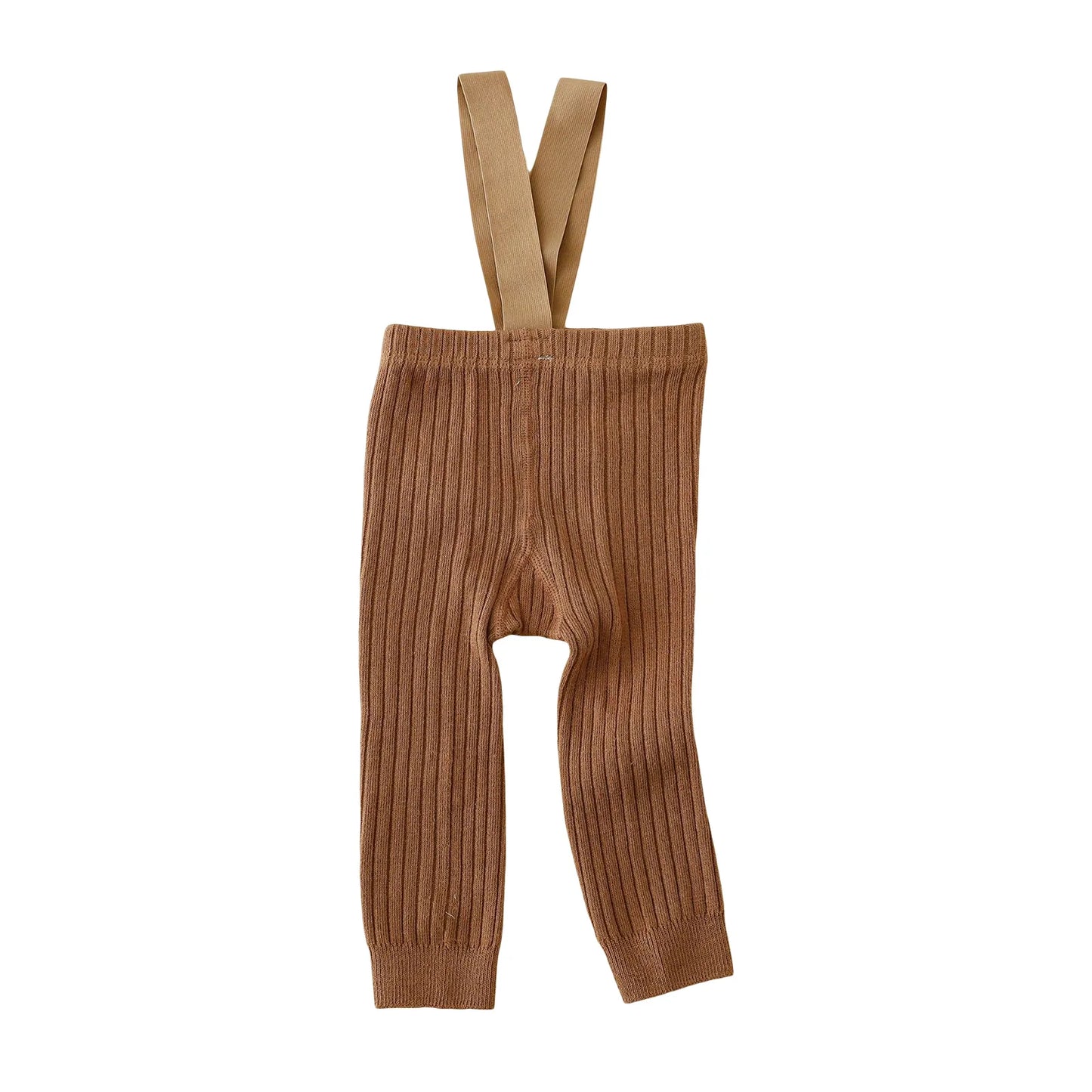 Detail of button clasps on the suspenders of infant girl's ribbed knit overalls, secure and stylish.