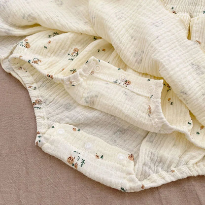 Infant girl in a lovely floral cotton bodysuit, O-neck for easy wear, breathable baby romper