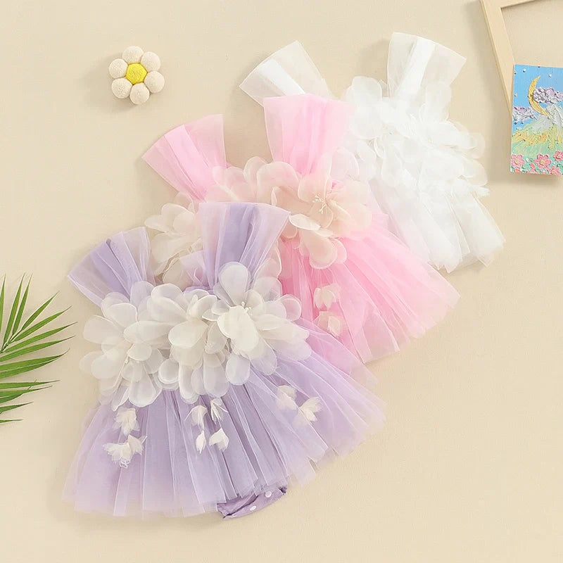Infant girl's sleeveless floral tulle romper; a cute baby jumpsuit for summer wear.