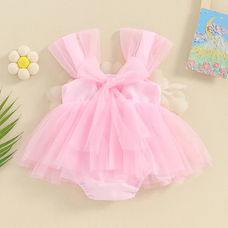 Cute infant girl's sleeveless jumpsuit, featuring a vibrant floral pattern and soft tulle.