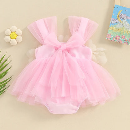 Cute infant girl's sleeveless jumpsuit, featuring a vibrant floral pattern and soft tulle.