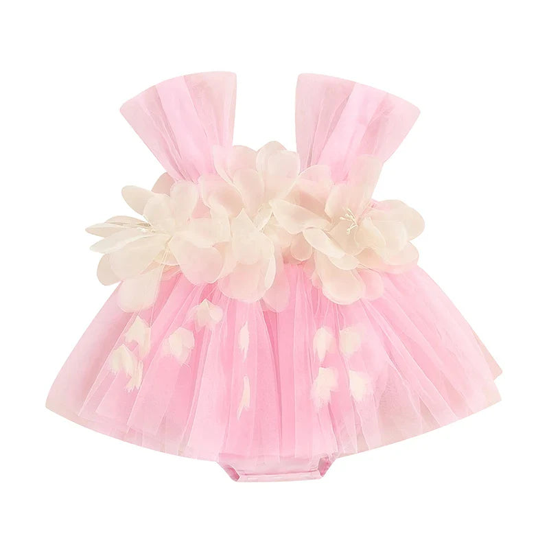 Baby girl's sleeveless floral jumpsuit with a layered tulle design, a cute summer outfit.