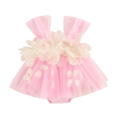 Baby girl's sleeveless floral jumpsuit with a layered tulle design, a cute summer outfit.