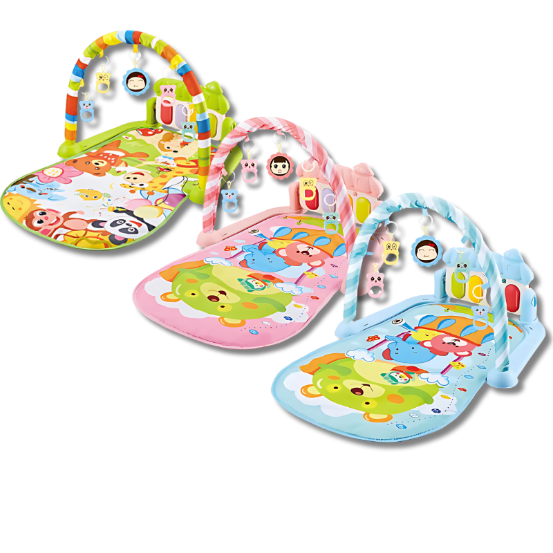 Infant musical activity play mat for sensory development with hanging toys, perfect for tummy time.