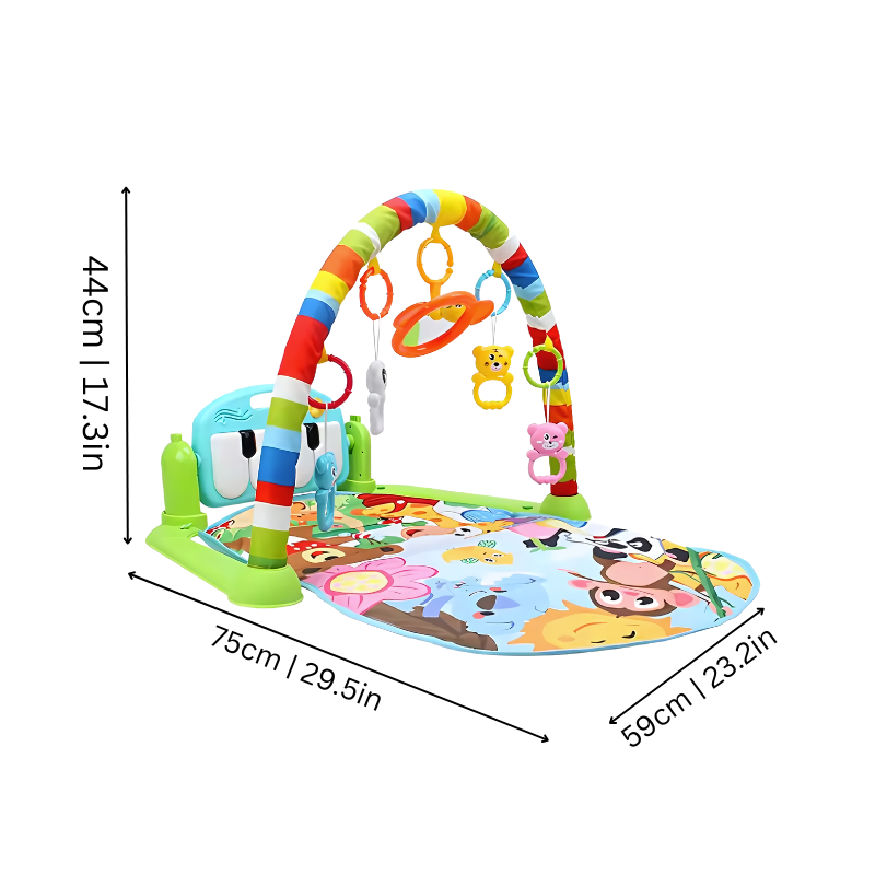 Baby play mat with piano keyboard, bright colors, and hanging rattles to stimulate infant motor skills.