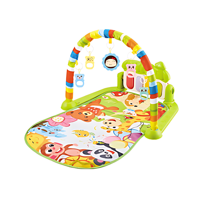 Newborn musical activity mat featuring a soft mat, arch with detachable toys for early learning fun.