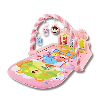 Sensory development infant play mat with interactive musical features and colorful animal designs.
