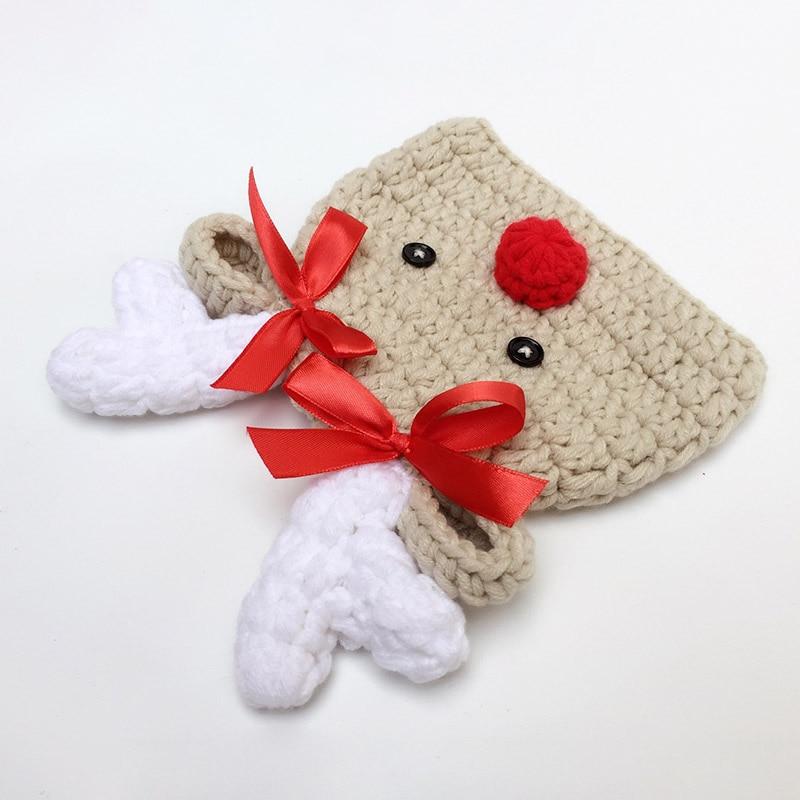 Soft wool knit infant beanie cap in gray & red with festive reindeer design. Cozy baby winter hat.