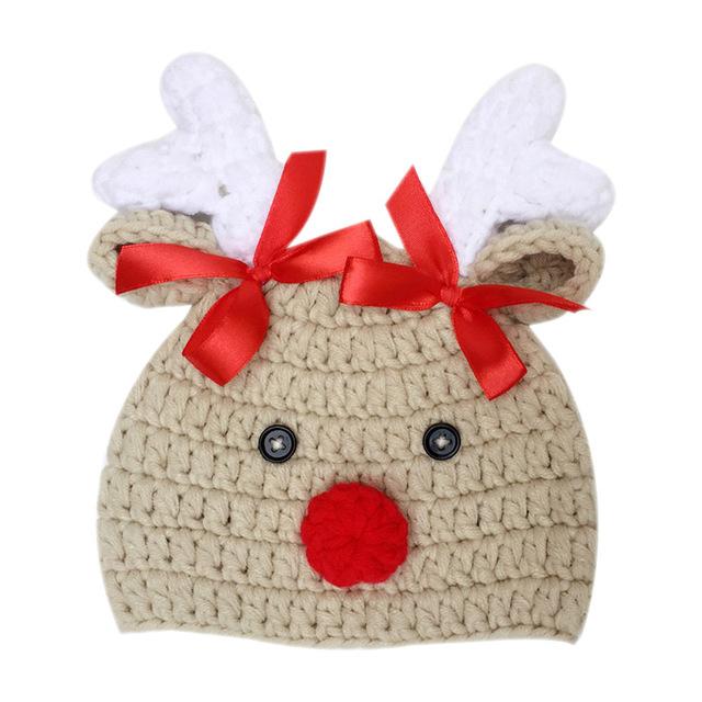 Cute unisex infant's Christmas reindeer beanie. Soft wool knit cap in red & gray for baby winter wear.