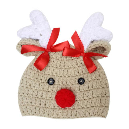 Cute unisex infant's Christmas reindeer beanie. Soft wool knit cap in red & gray for baby winter wear.