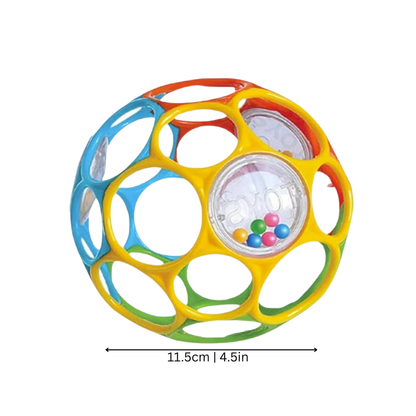 Soft, easy-grip rattle ball toy for infants, designed as a teething aid and sensory development tool for newborns.