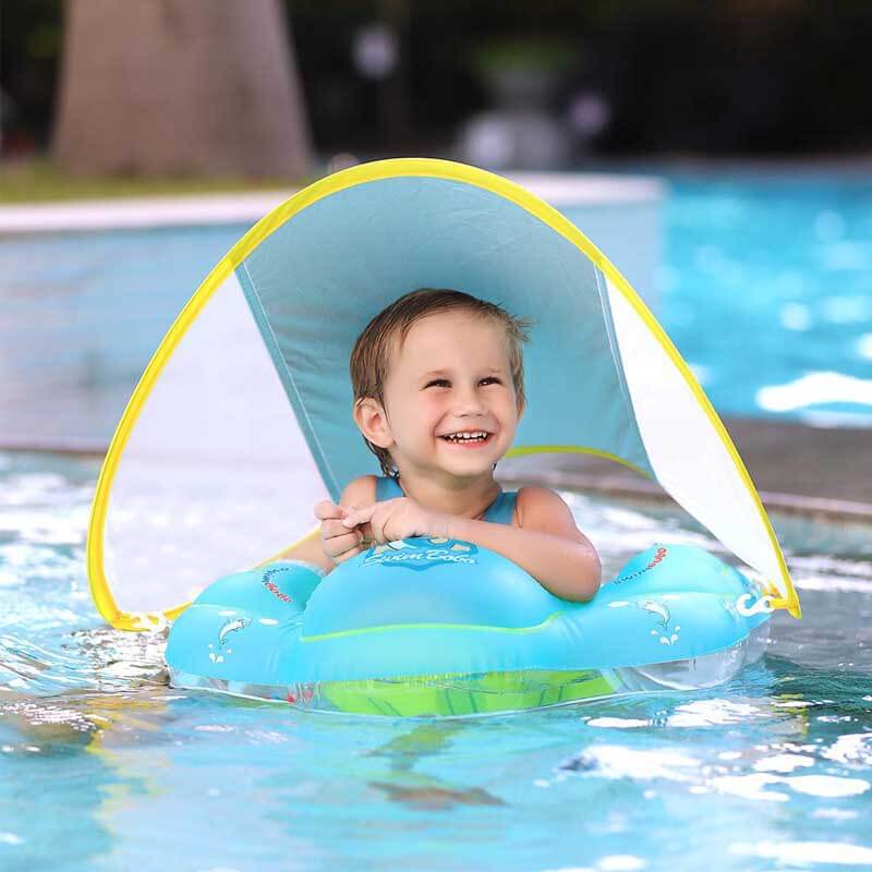 Baby float with adjustable canopy and secure straps, perfect for outdoor pool swimming