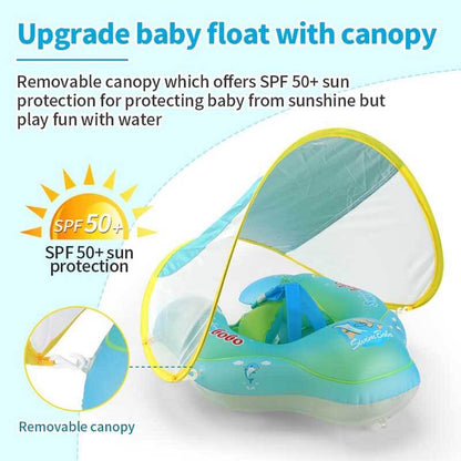 Infant sun protection float in a swimming pool, showing mesh sides and comfortable seat