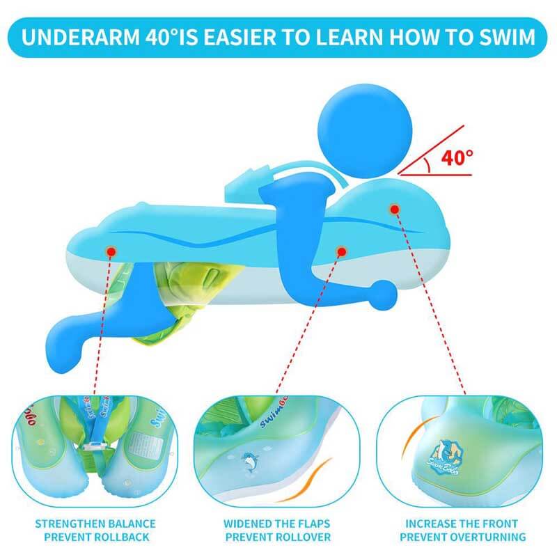 Brightly colored infant swimming float with a removable sun protection canopy, side view