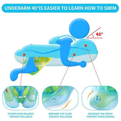 Brightly colored infant swimming float with a removable sun protection canopy, side view