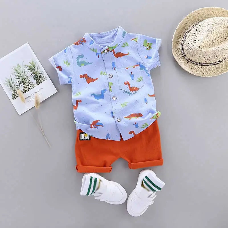 Infant toddler dinosaur print short sleeve outfit set. Features a stand-up collar. Perfect for baby boy or girl.