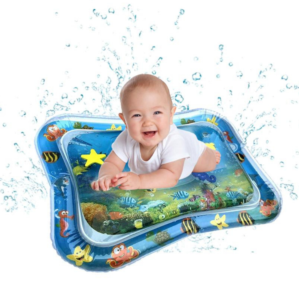 Infant tummy time water play mat with colorful floating ocean animals, engaging sensory toy for baby development.
