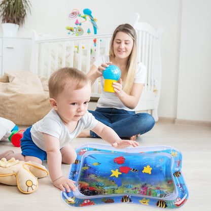 Tummy time water play mat with brightly colored graphics and soft texture, encouraging infant sensory exploration.