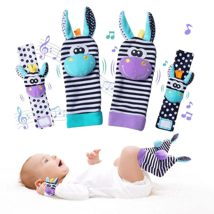 Infant wrist rattle socks, colorful animal design, stimulates sensory development for newborns