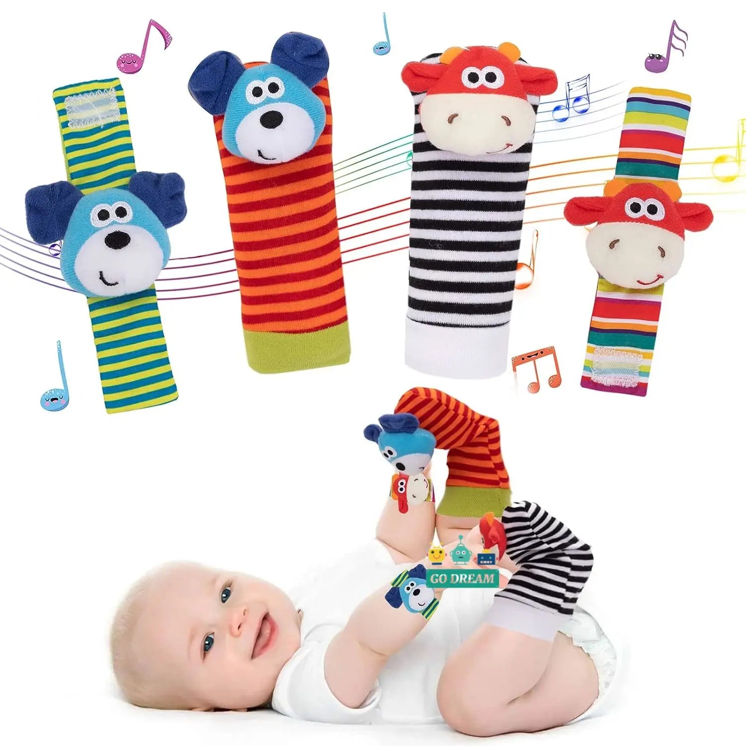 Soft infant wrist rattle socks with vibrant designs, stimulates baby's senses