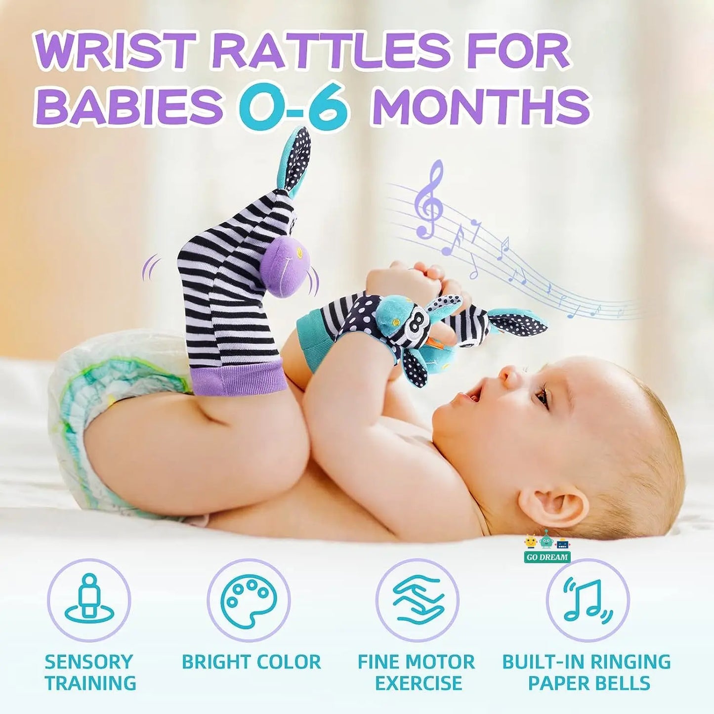 Infant sensory toy: animal themed wrist rattles and foot socks for baby's playtime