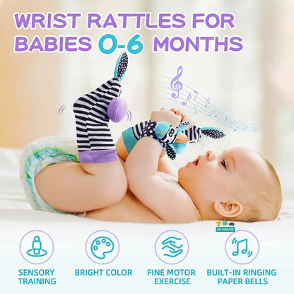 Infant sensory toy: animal themed wrist rattles and foot socks for baby's playtime