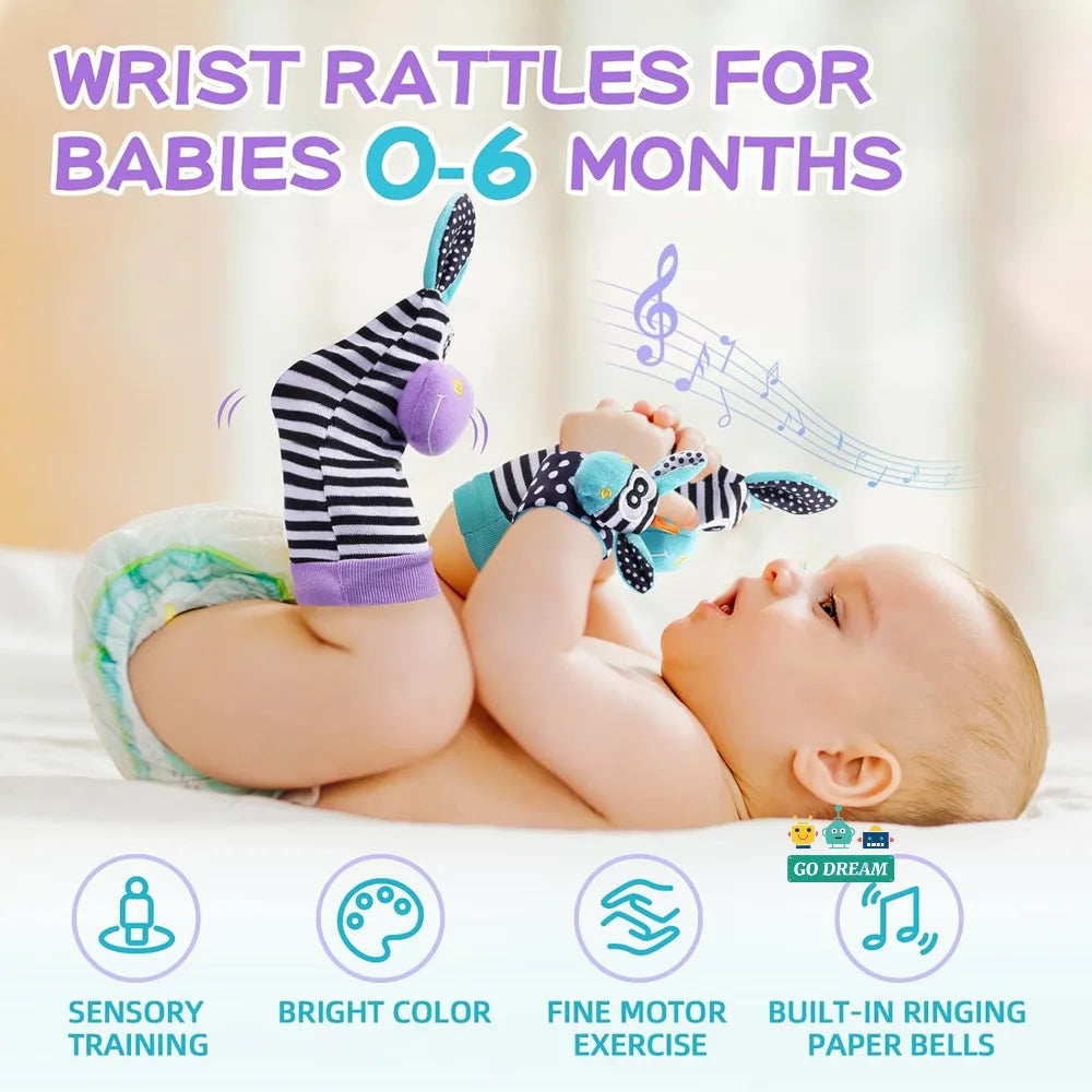 Soft baby wrist rattles and foot finder socks, early educational toy for motor skills
