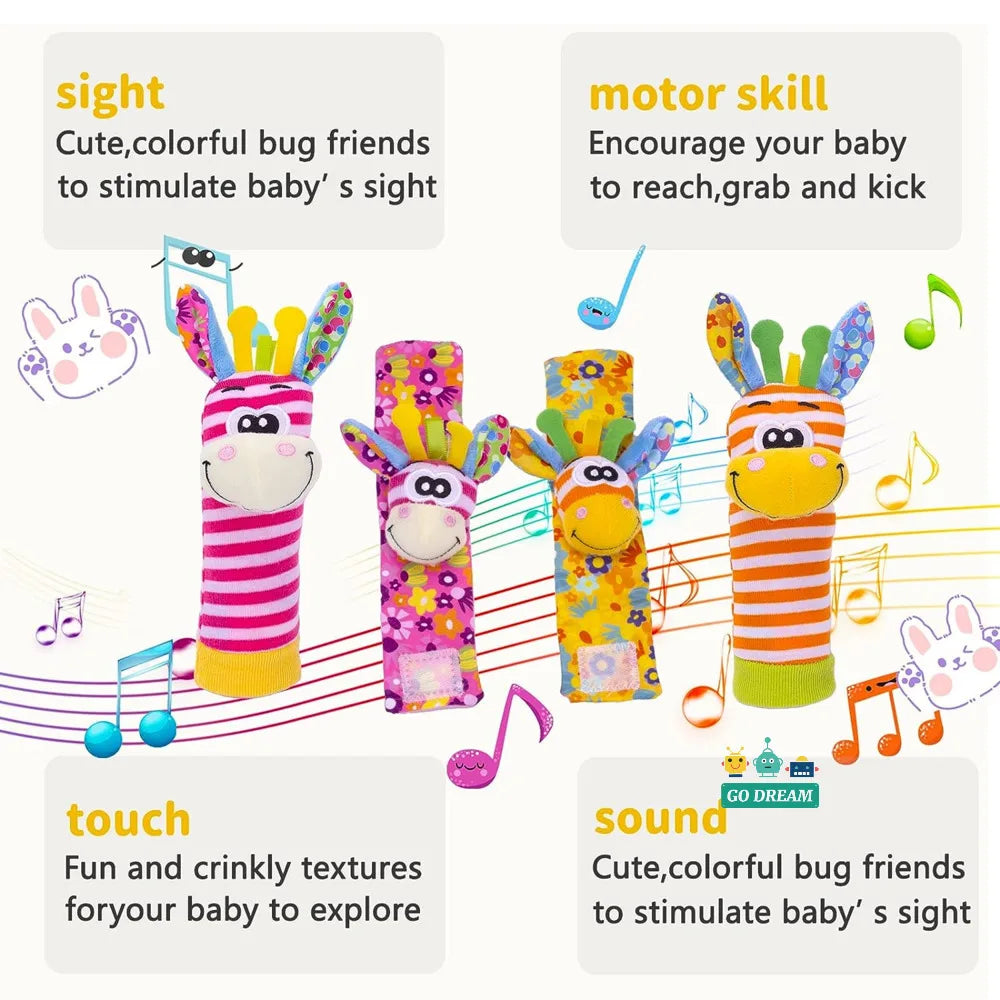 Newborn sensory toy set: wrist rattles & foot socks, promotes infant discovery and play