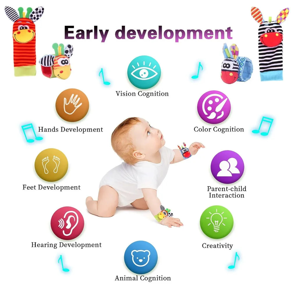 Baby accessories: cute animal wrist rattles and matching socks for sensory learning