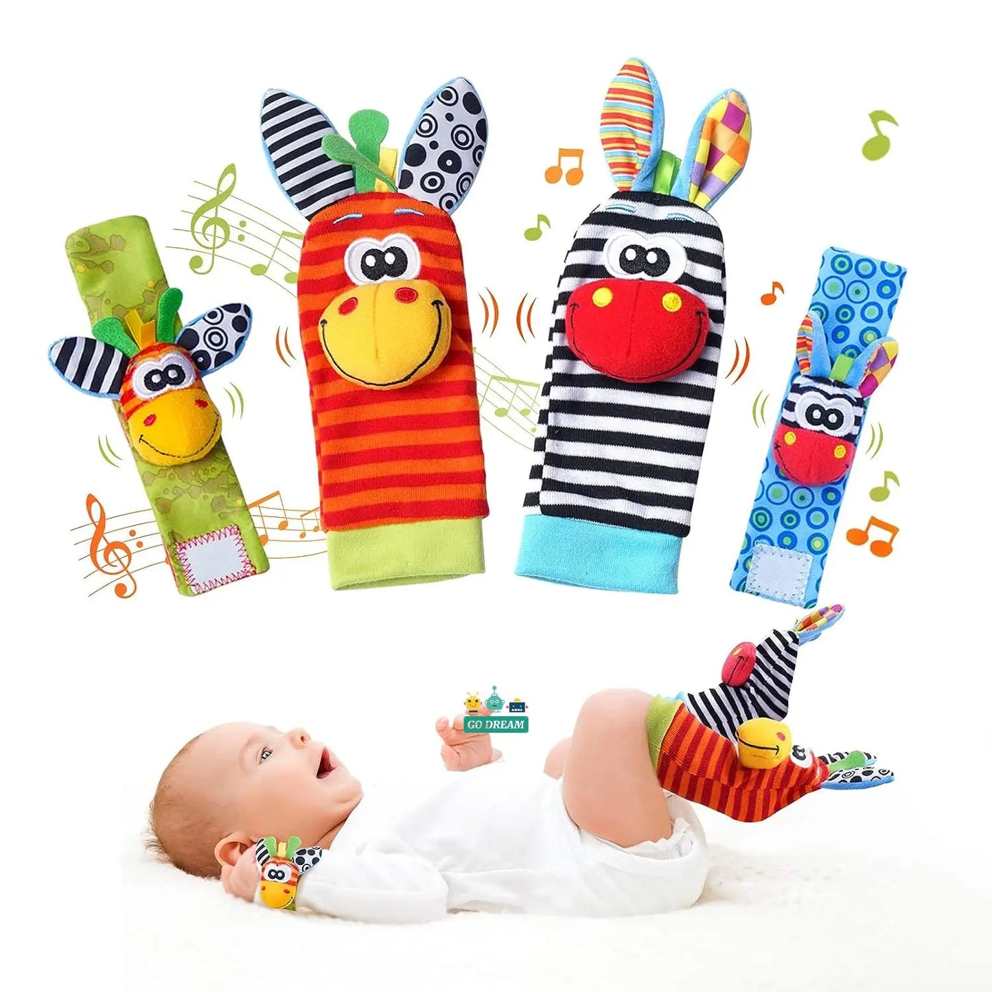 Early learning infant toy: wrist rattles and foot finder socks, baby accessories