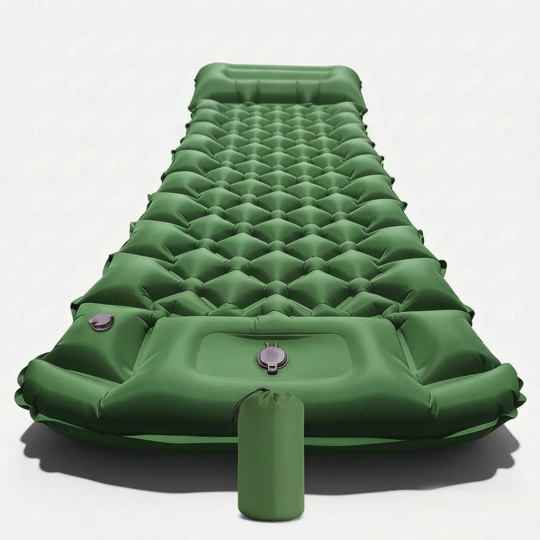 Compact, packed inflatable camping mat next to its full-size form, ready for outdoor adventure.