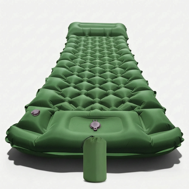 Compact, packed inflatable camping mat next to its full-size form, ready for outdoor adventure.