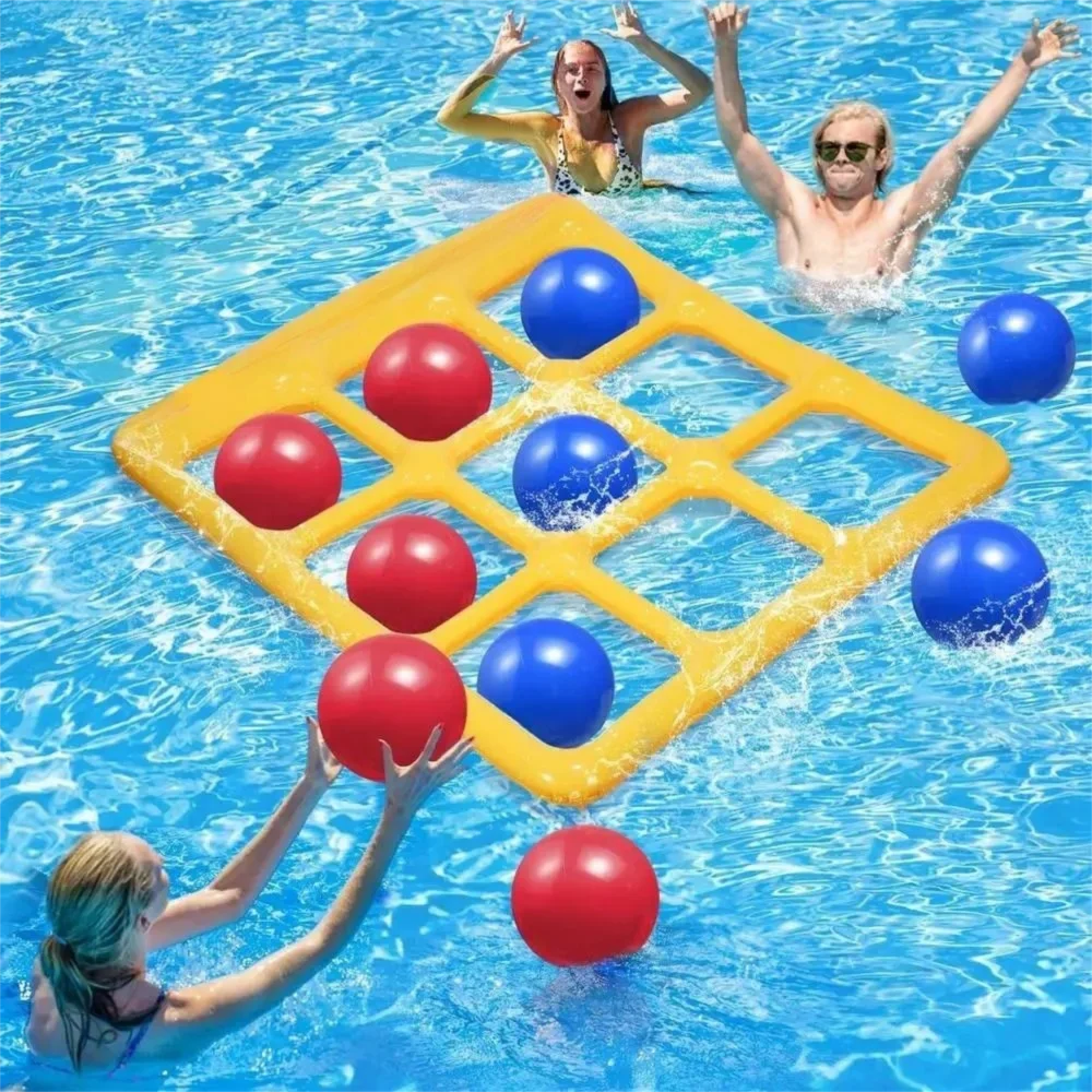 Inflatable Pool Tic Tac Toe Game Set for outdoor water fun with red & blue Xs & Os floating in pool