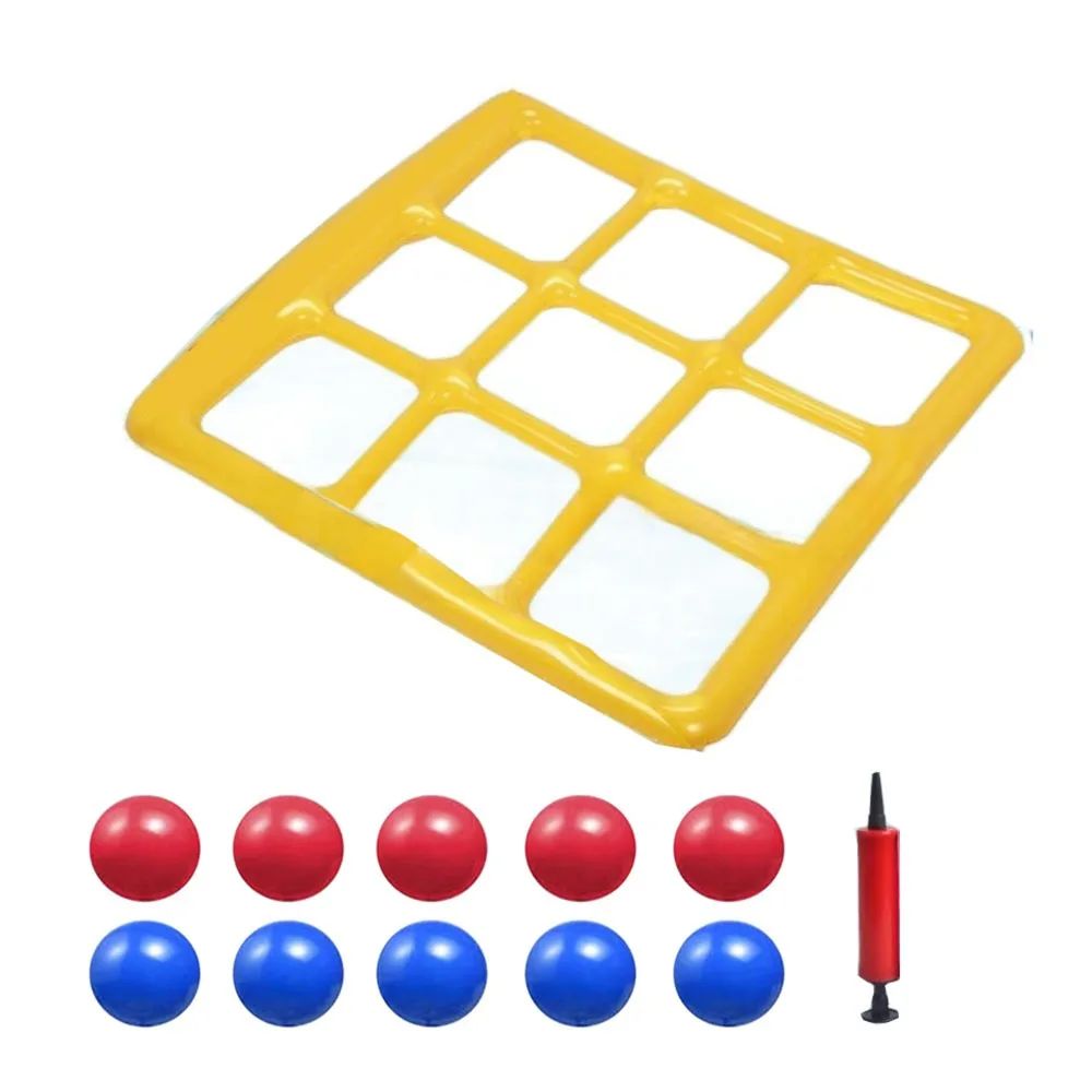 Vibrant inflatable tic tac toe pool game set with red and blue pieces for endless summer water play