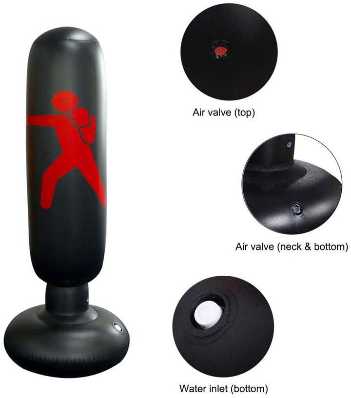 Freestanding inflatable boxing bag for stress relief, kickboxing, and active exercise at home.