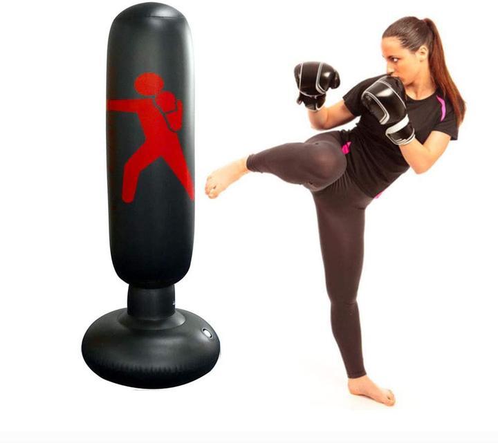 Tall inflatable freestanding punch bag for full-body boxing workouts, easy to set up for all ages.