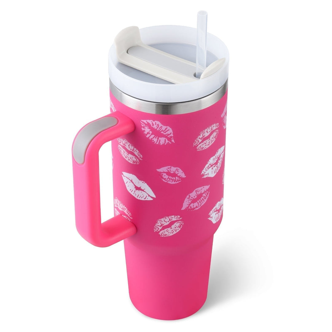 Insulated 40 oz travel mug with handle & straw, perfect for hot or cold beverages on the go.