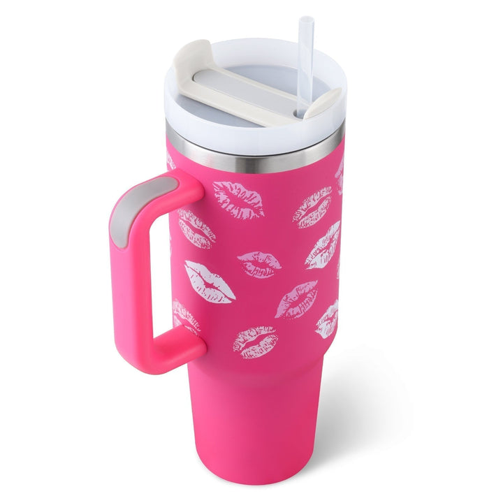 Insulated 40 oz travel mug with handle & straw, perfect for hot or cold beverages on the go.