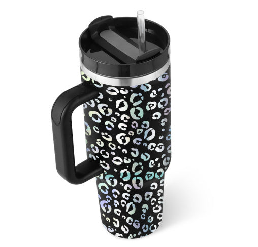 Hydration on the go: 40 oz insulated travel mug with sturdy handle & reusable straw.