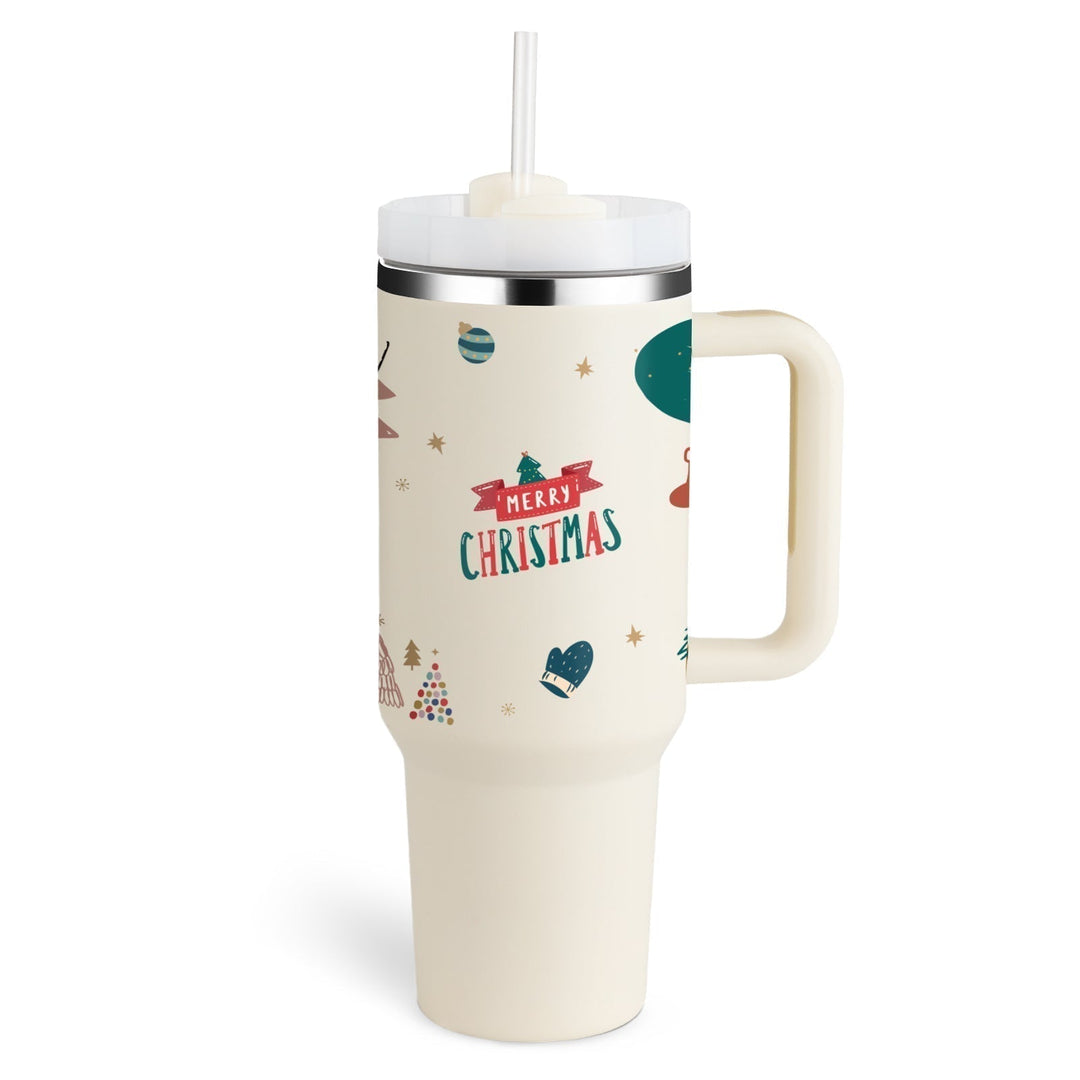 Explore more with this 40 oz insulated travel mug, equipped with a handle & drinking straw.